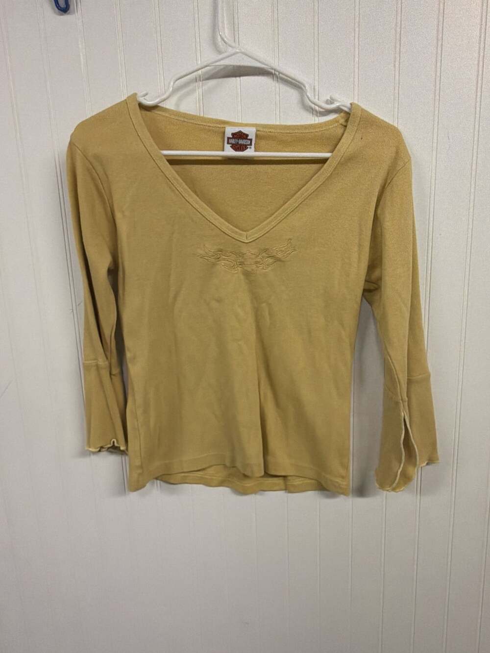 Harley-Davidson Long Sleeve V-Neck Top Size L Golden Yellow Flame Embroidery